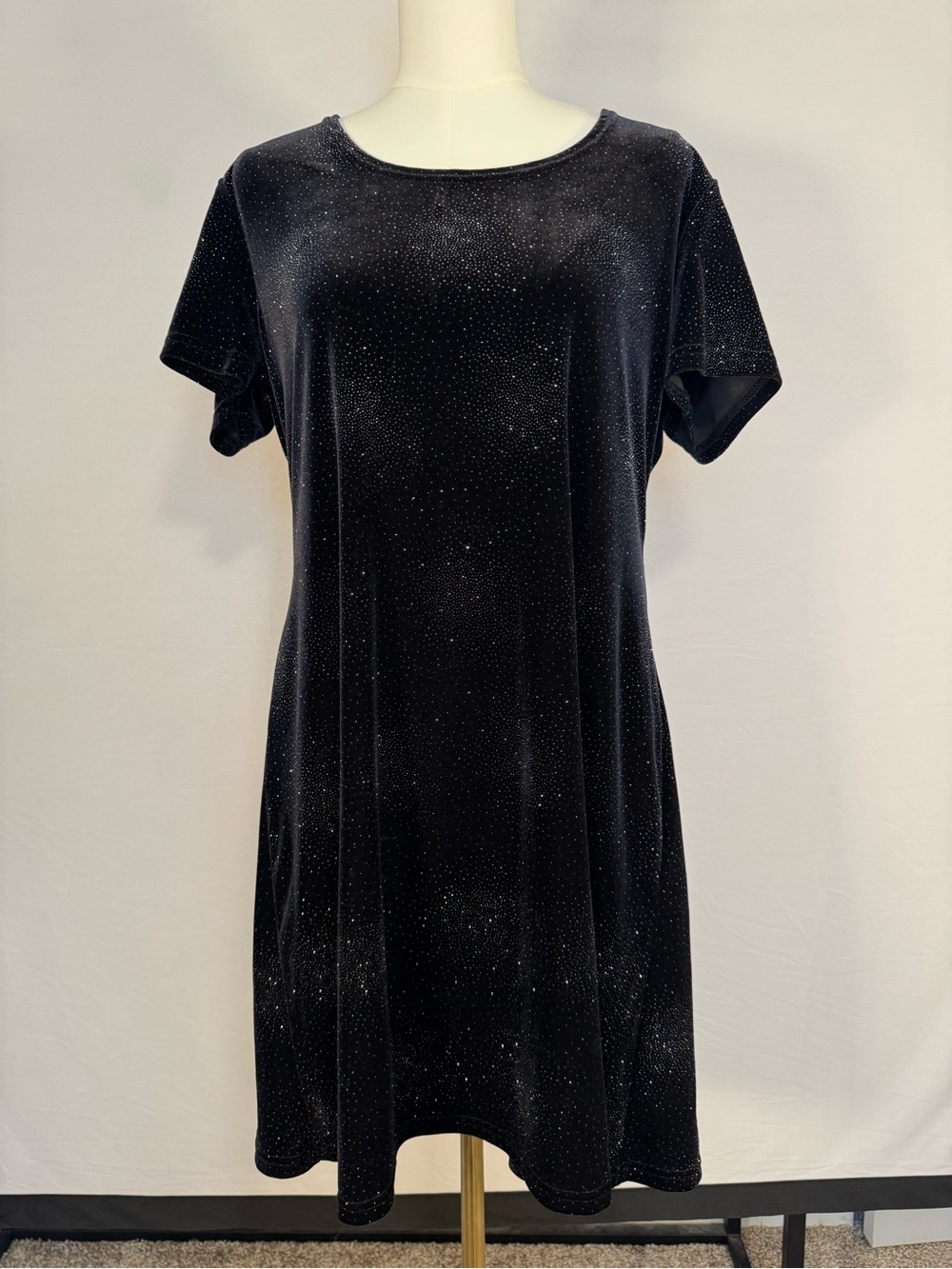 Vintage Black Velvet Sparkly Party Midi Dress 90s Large